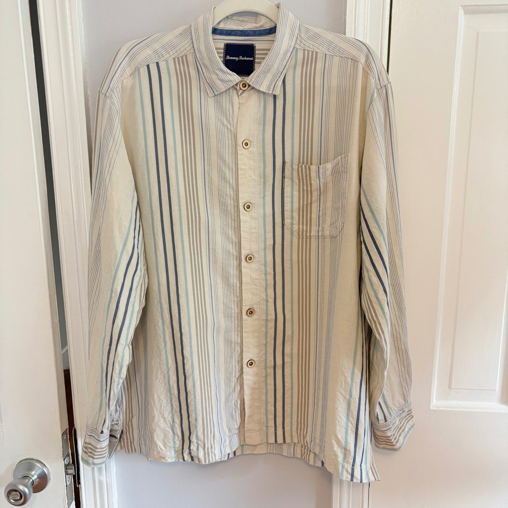 Tommy Bahama Mens Large Shirt Striped Blue Beige Silk Cotton Long Sleeve Coastal